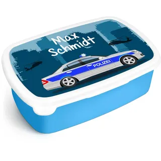 GRAVURZEILE Bedruckte Lunchbox - Polizei - Personalisiert mit Namen - Brotdose für Kinder - Individuell bedruckt mit Wunschmotiv - Platzsparend stapelbar - Perfekt für Schule & Kita - Farbe: Blau