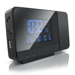 CSL - Funk Wetterstation mit Projektion inkl. Außensensor - sekundengenaue Uhrzeit durch DCF-Signal Funk-Uhr - USB-Ladefunktion - 8-Farbige RGB Hintergrundbeleuchtung - schwarz