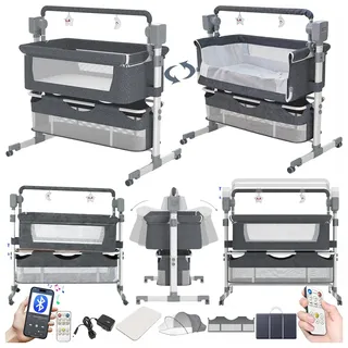 Magic ZC Elektrische Bluetooth Intelligent Beistellbett Baby mit Rollen, Faltbar Co-Sleeping Babybett, Stubenwagen Kleinkind Wiege mit Fernbedienung, Musik und 5-schwankende Zahnräder (601 Grey)