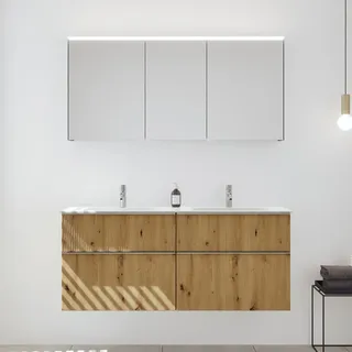 burgbad Fiumo 2.0 Badmöbelset 142 cm mit Waschtisch mit Unterschrank mit Griff G0146 und Spiegelschrank, Badmöbel,