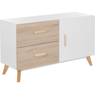 Beliani, Kommode + Sideboard, Sideboard weiß / heller Holzfarbton 2 Schubladen Schrank FILI (120 x 40 x 70 cm)