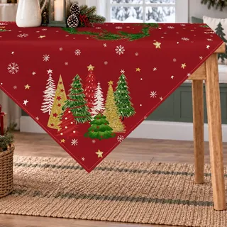 ZWJD Weihnachtstischdecke 85x85 Quadratisch, Rote Tischdecke Weihnachten mit bunten Tannenbäumen, Kiefernkranz & Schneeflocken, Winter Weihnachtsdeko Tisch für Zuhause Feier Party Esstisch Dekoration