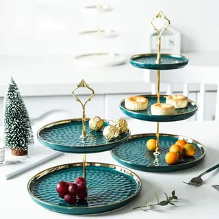 2er-Set runde Porzellan-Etageren für Cupcakes, mehrstöckige Dessertteller-Ständer, Serviertabletts mit goldener Stange, 3-stöckig und 2-stöckig, Kuchenständer, Party-Serviertabletts