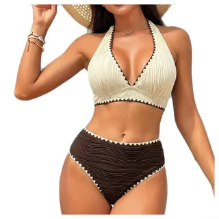 Damen Bikini Set Zweiteilig Rüschen Kontrastfarben(Coffee L)