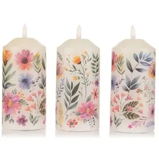 ELAMBIA 3 LED-Kerzen Blumen-Motiv Flamme Luma, Timer Höhe 17,5cm, Ø 7,5cm
