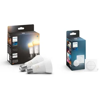 Philips Hue White Ambiance E27 LED Leuchten 2-er Pack, 2x1100 & Tap Dial Switch Drehschalter, weiß, personalisierbar via Hue App, Zubehör