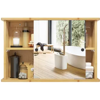 EUGAD Spiegelschrank für Bad, Badezimmerschrank mit Spiegeln, hängender Badschrank mit Schiebetüren, Hängeschrank für Badezimmer, mit Verstellbarer Ablage, aus Bambus, 55x35,5x14 cm