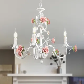 meibeileil Blumen Kronleuchter Vintage,Weiße Metall HäNgelampe Wohnzimmer Mit Rosa Keramikrose,Französischer E14 Kerzen Pendelleuchte FüR Schlafzimmer,Wohnzimmer,MäDchenzimmer,KüChe,3 Köpfe