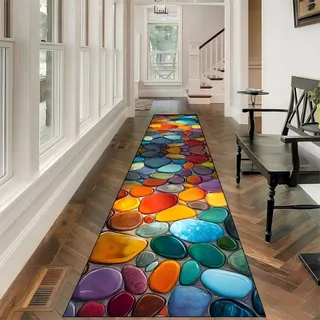 USHIRUG Teppich Läufer für Flur, 80x200 cm, Farbenfrohes Kieselsteinmuster, Weiche Waschbare Küchenmatte für Eingangsbereiche, Abstrakter 3D Teppich Wohnzimmer und Schlafzimmer