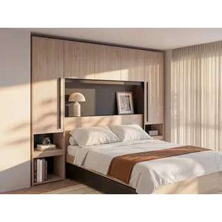 Bett mit Bettüberbau, Stauraum & LEDs + Lattenrost - 160 x 200 cm - Naturfarben & Schwarz - VELONA