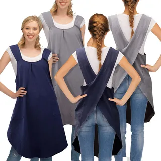 JaGely 2 x japanische Küchenschürzen aus Leinen mit Kreuzrücken, für Damen und Herren, mit 2 Taschen, niedliches Gartenkleid, Grau und Marineblau, about 28.4 inches in length
