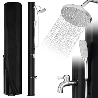 Eulenke Solardusche 35L Solar Gartendusche mit 360°Regenduschkopf, Wasserhahn und handbrause, Warmes Wasser Max. 60°C, ohne Stromanschluss, Pooldusche mit Schutzhaube-Ablassschraube, Schwarz
