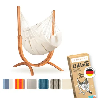 LA SIESTA® - Udine Bio-Baumwoll-Hängesessel mit Holzgestell - Handgefertigter, Reißfester, Weicher Indoor Hängesessel mit Gestell, FSC-zertifizierter Eukalyptus-Ständer für Balkon Garten - Latte