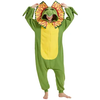YUTCOTC Dinosaurier-Onesie-Kostüm Dilophosaurus Pyjama für Erwachsene Halloween-Cosplay Cartoon-Dinosaurier-Nachtwäsche für Frauen und Männer - XXL