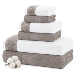 Modern Threads 600 g/m2 Handtuch-Set mit Filgree Jacquard Bordüre Taupe