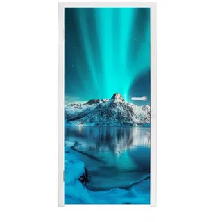 MuchoWow Türtapete Nordlicht - Eis - Schnee - Norwegen - Blau - Berge, Matt, bedruckt, (1 St), Türfolie Selbstklebend, Türtapete, Türdeko Poster, 95x235 cm 95 m x 235 m