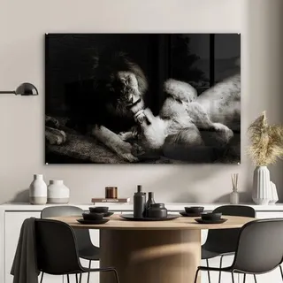 Famanu Glasbild Löwe - Kunst auf Glas - Wanddekoration 120x80cm - Schwarz Weiß