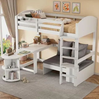 Flieks Etagenbett 90x200cm mit Ausziehbarem Schreibtisch, Hochbett mit Sofa und Sessel, Kinderbett mit Rausfallschutz und Lattenrost, Stockbett Weiß - Weiß