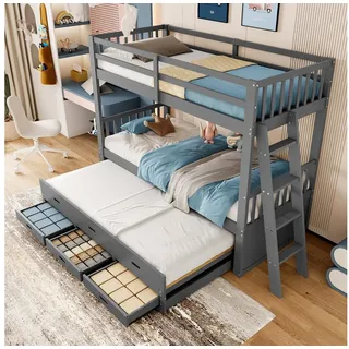 MODFU Etagenbett Jugendbett aus Kiefer mit Ausziehbett (Kinder-Etagenbett aus Kiefer & MDF, mit 3 Schubladen, 90x200 cm), Ohne Matratze grau