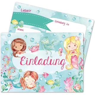 Papierdrachen 12 Einladungskarten zum Kindergeburtstag für Mädchen - Motiv Meerjungfrau - Geburtstagseinladungen für deine Geburtstagsparty (DIN A6)
