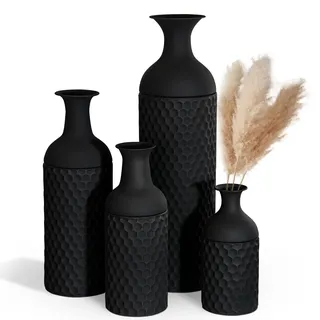 Große Schwarze Vasen, 68/51/41/30 cm Bodenvase, 4 Stück modernen Waben Textur Metall Blumenvase für Wohnzimmer Hausecke Flur Dekor(mit gefrosteter Oberfläche)
