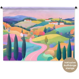 MuchoWow Wandteppich Landschaft - Lila - Pastell - Häuser, Rechteckig, Höhe: 3 mm, Wanddeko Teppich Wohnzimmer, Schlafzimmer, 120x90 cm Rechteckig | 120 cm x 90 cm x 3 mm
