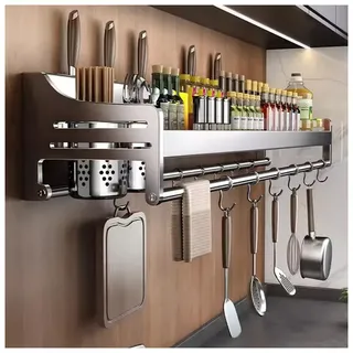 Wandmontiertes Gewürzregal und Topf-Organizer, Küchenregal mit Haken, einfache Montage, 70 cm, vielseitiges Hängeregal für Töpfe und Pfannen, platzsparende Lösung