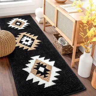 DEXDE Boho-Badematte, Aztekenmuster, rutschfest, lang, luxuriös, weich, saugfähig, für Badezimmer, Dusche, Küche, Eingangsbereich, modern, westlich, 50 x 119 cm, Schwarz