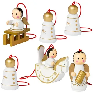 Brubaker Weihnachtsbaumschmuck 8006, weiß/gold, 4,5 cm, Engel und Glocken-Anhänger aus Holz, 6 Stück