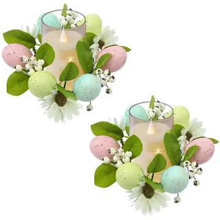 2 Stück Kerzengirlande Osterdeko, Mini Kranz mit Osterei für Stabkerzen, Künstlich Kerzenring, Kerzenkranz Tischdekoration, Deko Ostern Kerzenhalter für Esstisch Wohnzimmer Heimdekoration (Set 2)