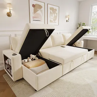 BTM Big Sofa U Form mit Schlaffunktion, Schlafsofa mit Stauraum, Wohnzimmer Chaiselongue mit Ausziehbares Sofa Becherhalter Beige