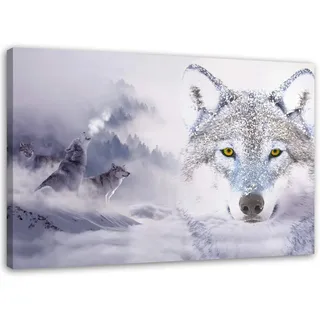 Feeby, Leinwandbild, Bilder, Wand Bild, Wandbilder, Kunstdruck 80x120cm, Wolfs, MODERN, DOPPELTE BELICHTUNG, Wald, WEIß, GRAU