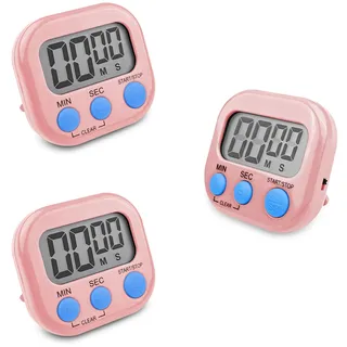 Fousenuk 3 Stück Eieruhr Rosa, Timer Digital, Küchentimer Küche, Kurzzeitwecker Magnetisch, Stoppuhr mit Einklappbarer Ständer, Timer mit Großem LCD-Display für Kochen Backen Sport Studieren