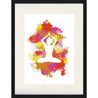 1art1 Bild mit Rahmen Silhouetten - Yoga Lotos Pose, Farbkleckse 60 cm x 80 cm