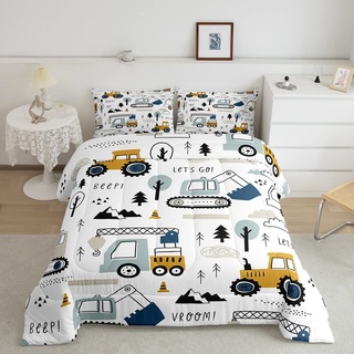 Cartoon-Auto-Kinder-Bettwäsche-Set, BAU-Bettwäsche-Set, Dekoration, LKWs, Tröster, Cartoon-Auto-Bagger, Traktor, Weiß, Gelb, Bettwäsche-Set, Schlafzimmer, Bettwäsche-Set, 2-teiliges Doppelbett
