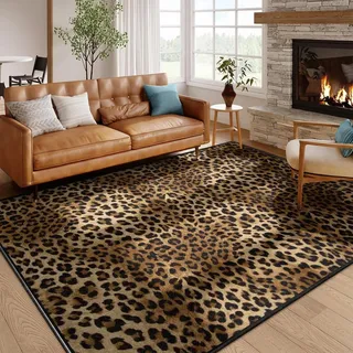 Bycmuoz Jahrgang Leopard Drucken Bereich Teppich für Wohnzimmer, 200x280cm, Braun Beige Gepard Teppich, Weich Waschbar rutschfest Teppiche Kurzflor Boden Matte für Front Tür Eingangsbereich