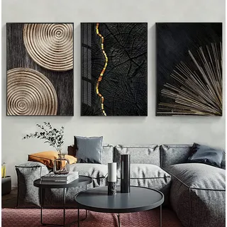 HTWLMM Leinwand Bilder Schwarz Gold Jahresring Linien Wandbilder Wohnzimmer Schlafzimmer Kunst Malerei Home Deko Modern Leinwandbild Dekoration Ohne Rahmen (E,3X60X90CM)