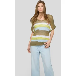 Strickpullover RABE, Damen, Gr. 46, thymian, Strick, Obermaterial: 58% Baumwolle, 30% Polyacryl, 6% Polyamid, 3% Polyester, 2% sonstige Fasern, 1% metallisierte Fasern, gestreift, normal Po-bedeckend, Rundhals, Bündchen, Pullover Strickpullover, Halbarm mit Colorblocking-Streifen und im Häkel-Look