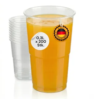 LogiPack GeRo 200 Stück Plastikbecher – Trinkbecher mit Eichstrich 0,3l | Einwegbecher aus Hartplastik (PP), transparent | Bierbecher & Partybecher – Kunststoffbecher