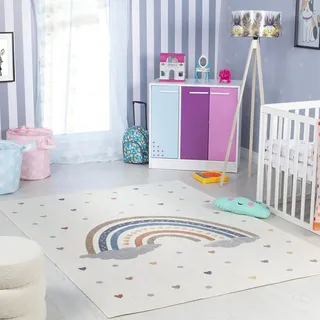 Livabliss Regenbogen Kinder waschbar - Cartoon 120x170 cm, Waschbarer Kinderzimmer oder Babyzimmer, Krabbel oder Spiel - Babymatte für Jungen & Mädchen, Creme