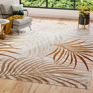 TAPISO Golden Teppich Wohnzimmer Kurzflor Schlafzimmer Luxuriös Creme Gold Beige Blätter Meliert Verwischt Modern Design ÖKOTEX 250 x 300 cm