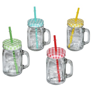 2 Stk Henkelbecher - Gläser mit Strohhalm & Deckel - bunte Farben - Trinkbecher als " Milchglas " Sommerglas - Flasche z.B. Limonade Erfrischung Sommer - Sm..