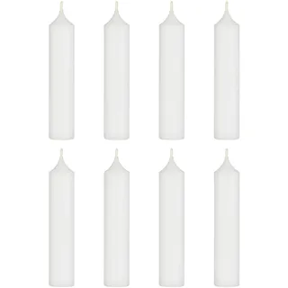 8er Pack tolle im Vintage-Stil rustikale Stabkerzen im Landhauslook. Farbe ' REIN WEIß '. Rustikales Design, 2,2 cm Durchmesser, Höhe 11 cm, 4 Stunden Brennzeit, Hoher Neidfaktor.