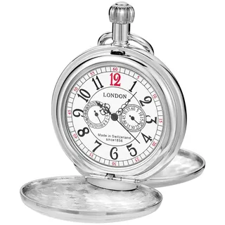 Vintage Silver Train London Design Mechanische Handaufzug Taschenuhr Edelstahl Herrenuhren mit Kette
