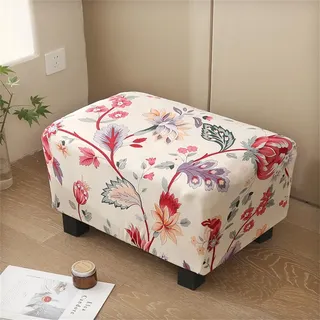 Highdi Ottomane Schonbezug Hockerbezug, Blumendruck Stretch-Spandex Hocker Bezug, Hussen für Fußhocker Rechteckig Waschbar Ottomane Abdeckung Überzug Hocker Protector (Pinke Blume)