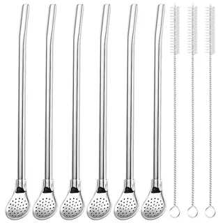 KOQAIIZ 6 Stück Edelstahl Trinkhalm Trinkhalmlöffel Wiederverwendbare Löffelhalme Metalllöffel mit 3 Stück Strohhalm Reinigungsbürste für Milchshakes Cocktail Kaffee Dessert