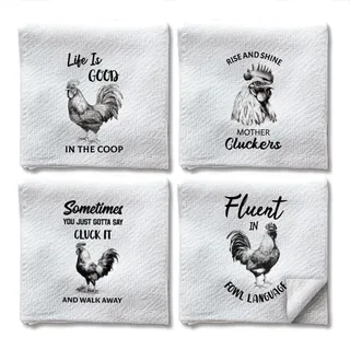 WADORN 4 Stück Lustiges Hahn Handtuch, Küchen Geschirrtücher Im Vintage Stil Mit Hühner Im Bauernhaus Stil 60x40cm Mikrofaser Saugfähig Weich Hand Tee Geschirrtücher Zum Kochen Badezimmer Feiertags