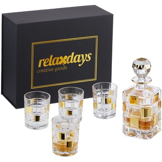 Relaxdays Whisky Set, 5-teilig, Karaffe 850 ml, 4 Whiskygläser 310 ml, Cognac Dekanter, Geschenkbox, transparent-Gold