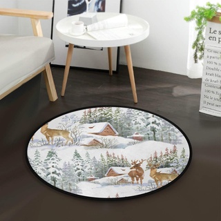 Mnsruu Teppich mit weihnachtlichem Hirsch, Winterwald, Schneelandschaft, Natur, rund, für Wohnzimmer, Schlafzimmer, 92 cm Durchmesser