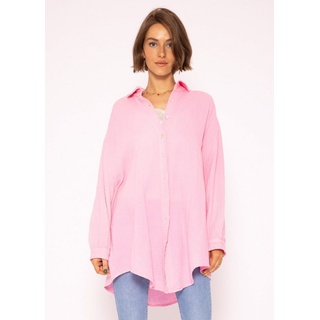 SASSYCLASSY Longbluse Oversize Musselin Bluse Damen Langarm Hemdbluse lang aus Baumwolle mit V-Ausschnitt, One Size (Gr. 36-48) rosa